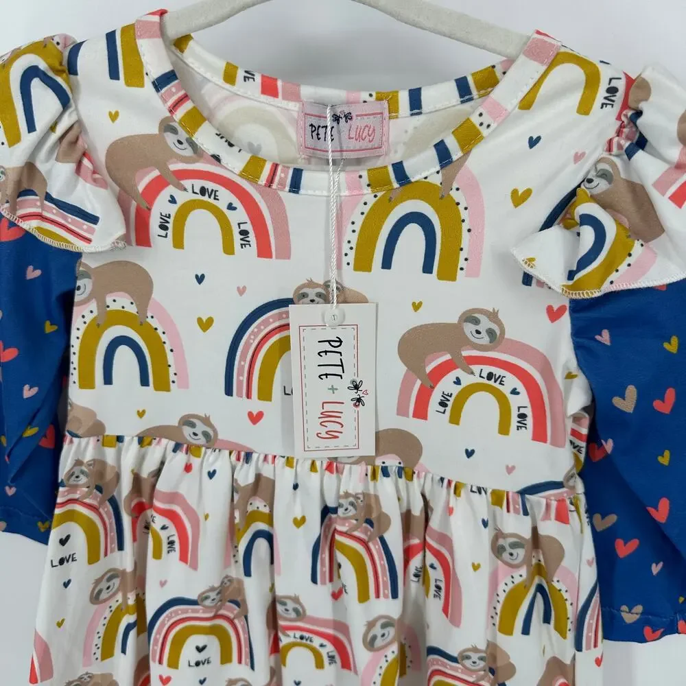 Pete + Lucy NWT Boutique Baby Girl Dress‎ Size 0-6M Sleepy Sloth Rainbow Love